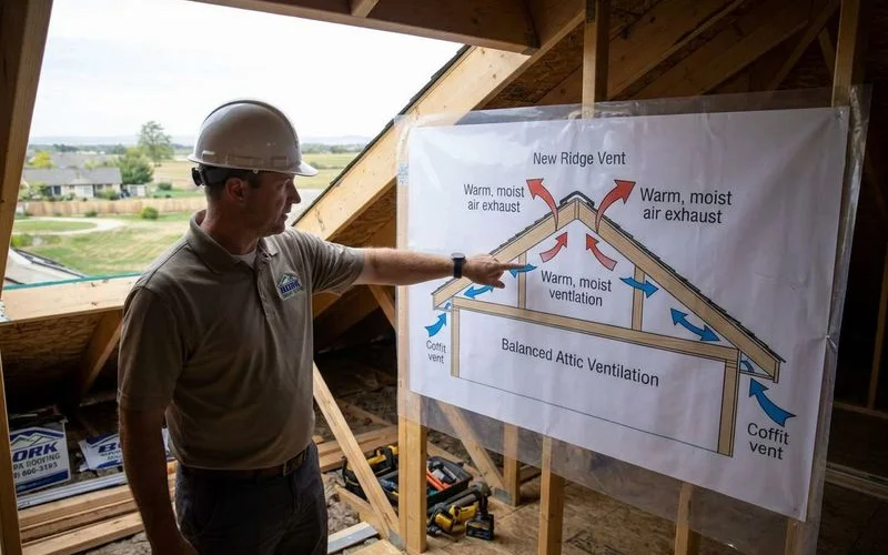 Balanced attic ventilation diagram showing airflow from soffit intake to ridge exhaust on residential home in Nampa Idaho