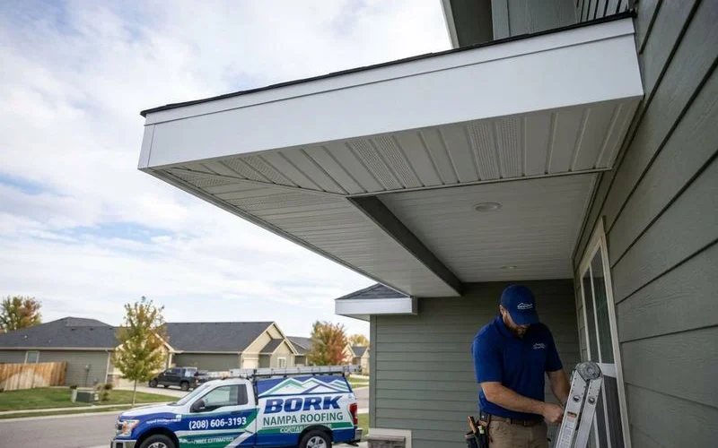 Completed fascia and soffit replacement with aluminum wrap and ventilated vinyl soffit panels on residential home in Nampa
