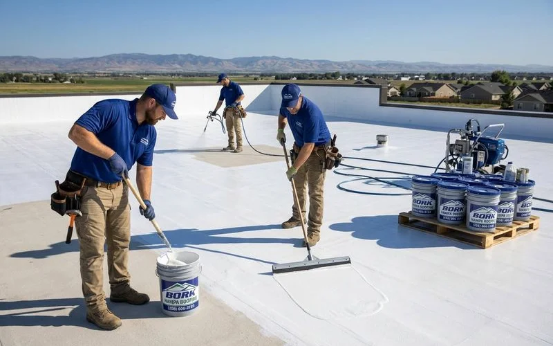 Professional crew applying white reflective roof coating on commercial flat roof building in Nampa Idaho Treasure Valley