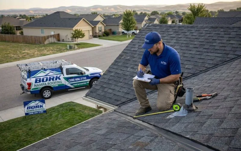 Roofing technician inspecting shingle condition and flashing integrity during annual maintenance visit on Nampa Idaho home