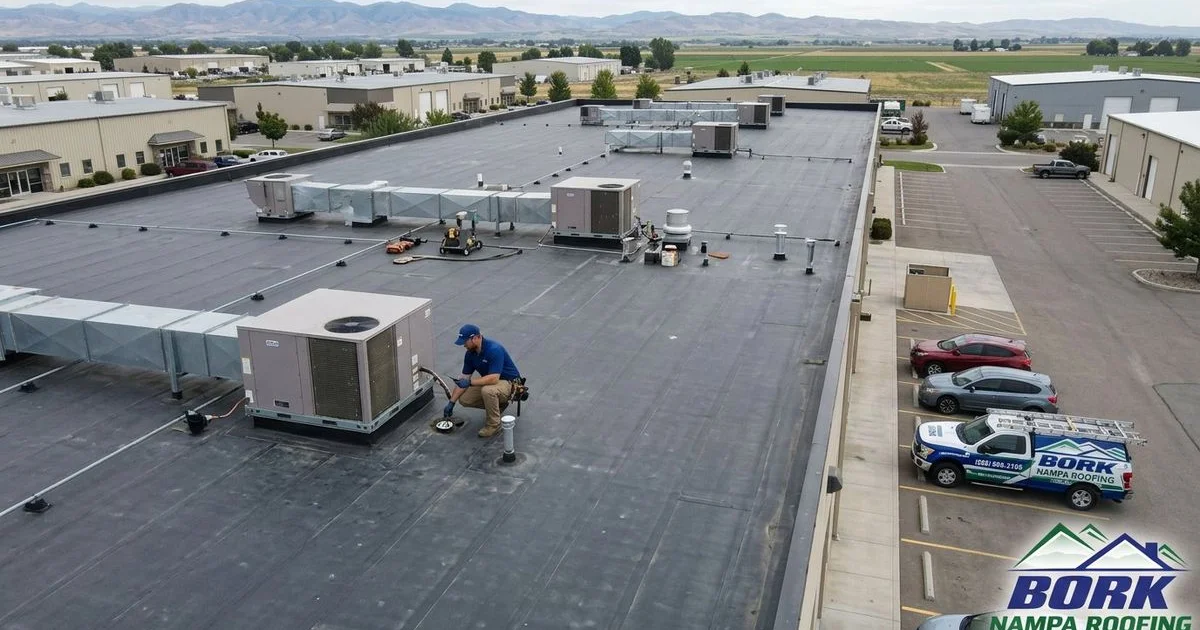 Commercial roof maintenance inspection in progress
