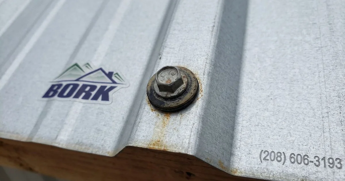 Close-up detail of exposed fastener on corrugated metal roofing panel showing rubber washer seal and screw head in weather-exposed position