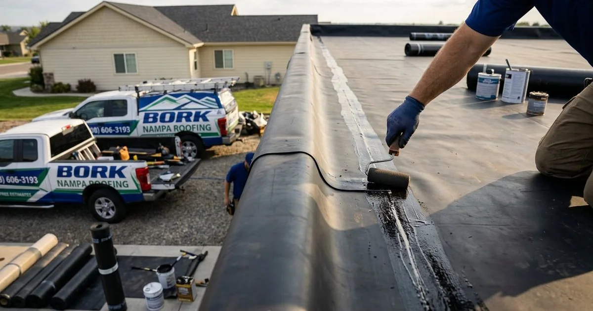 Close-up view of EPDM rubber membrane roofing surface showing material texture and adhesive seam connection on commercial flat roof