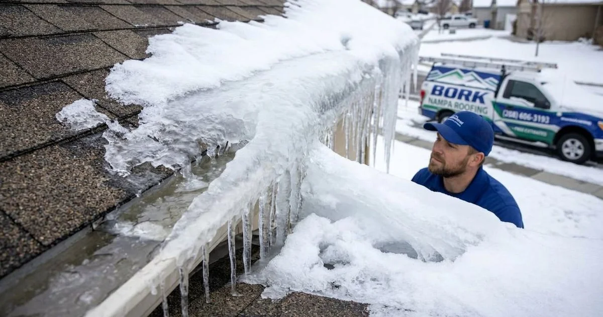 Close-up view of ice dam formation on roof edge with icicles and trapped water showing winter damage risk for Idaho homeowners
