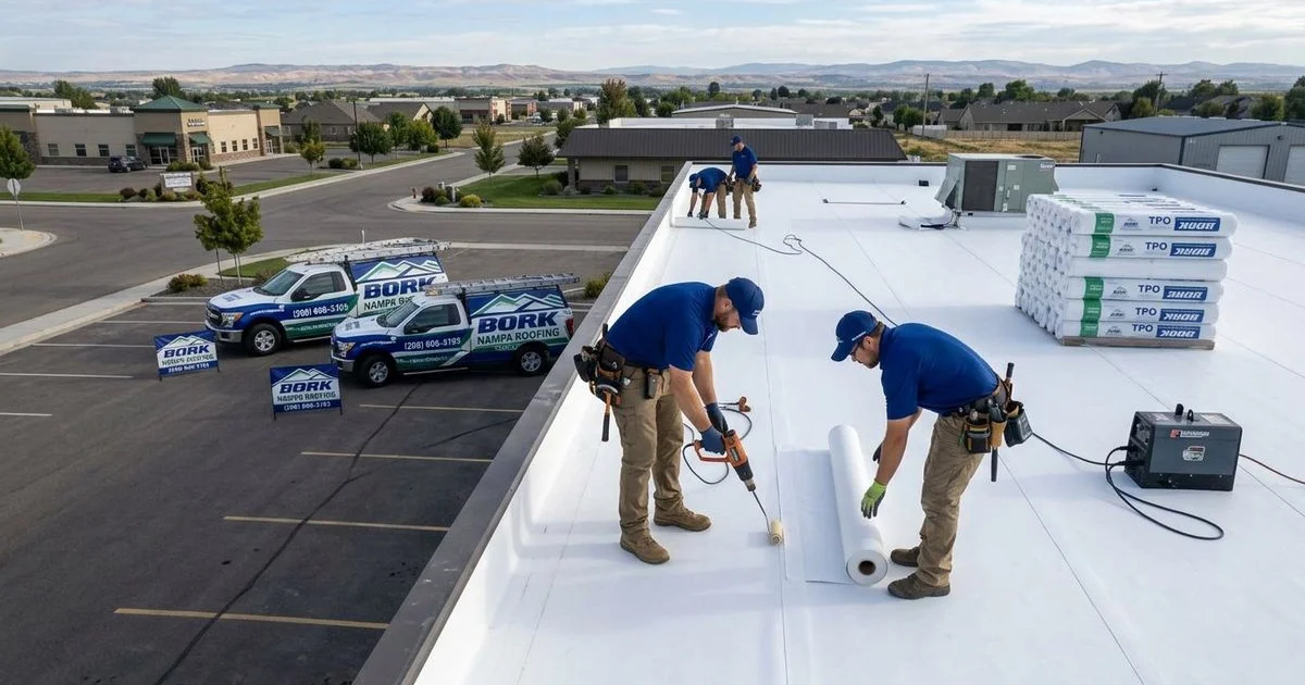 Commercial building with white TPO membrane roof showing heat-welded seams and clean professional installation on Idaho office building