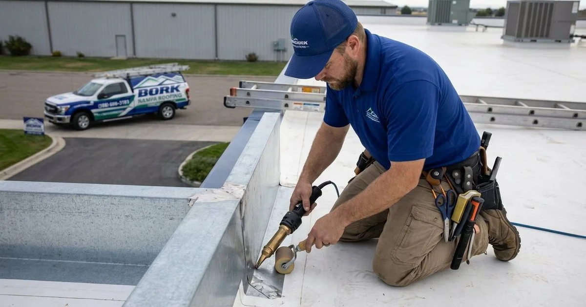 Commercial roofer repairing flashing detail around HVAC curb on flat roof membrane system using heat welding equipment and tools