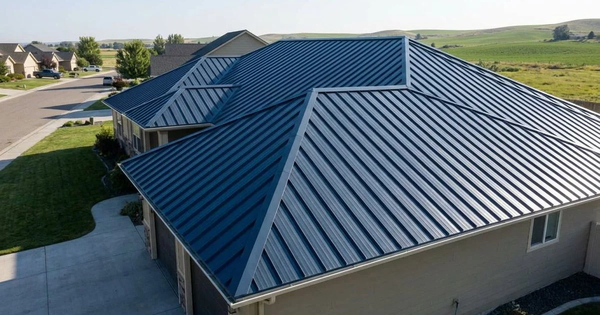 Completed metal roof installation on Idaho ranch-style home showcasing clean panels and professional ridge cap detailing