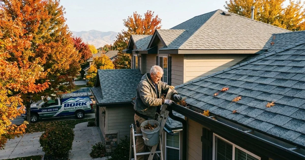 Homeowner cleaning gutters on two-story house in autumn surrounded by fall foliage preparing roof system for Idaho winter season