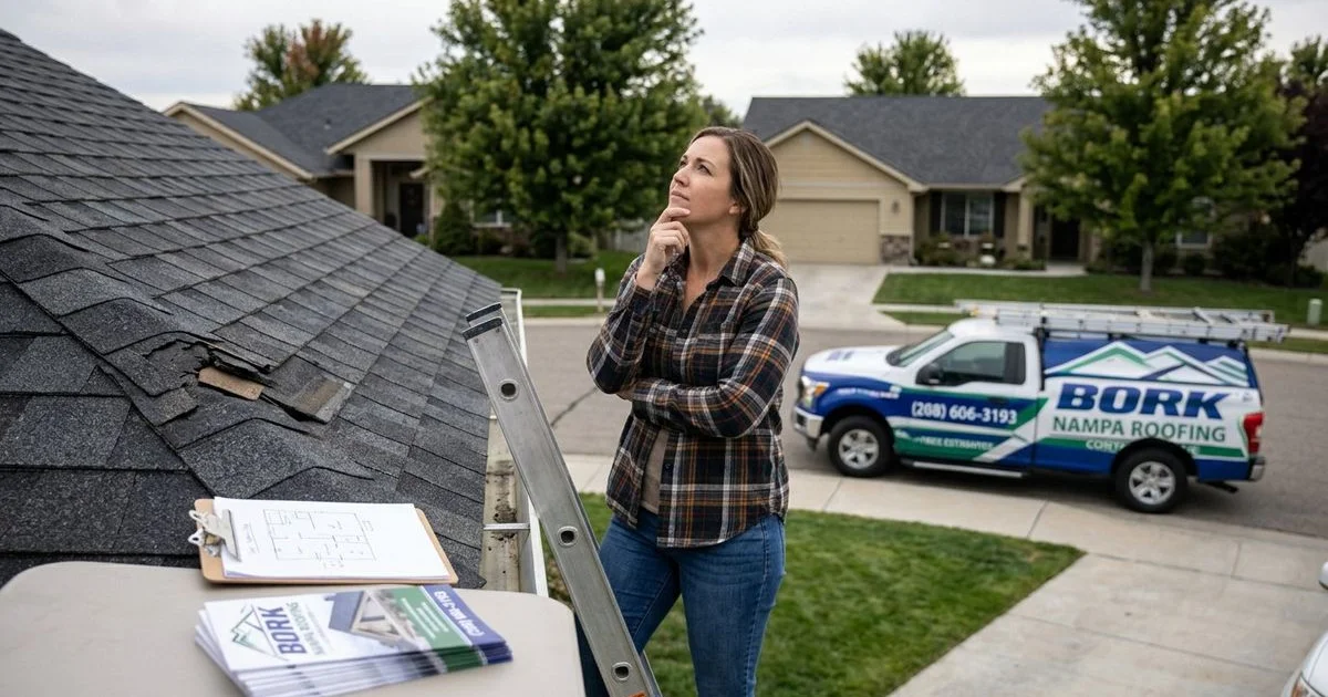 Homeowner considering DIY roof repair versus hiring a professional