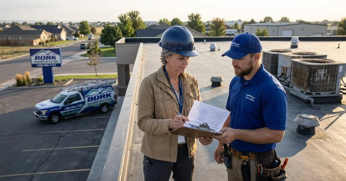 Property manager reviewing commercial roof maintenance checklist while standing on flat roof with drainage systems and mechanical equipment visible