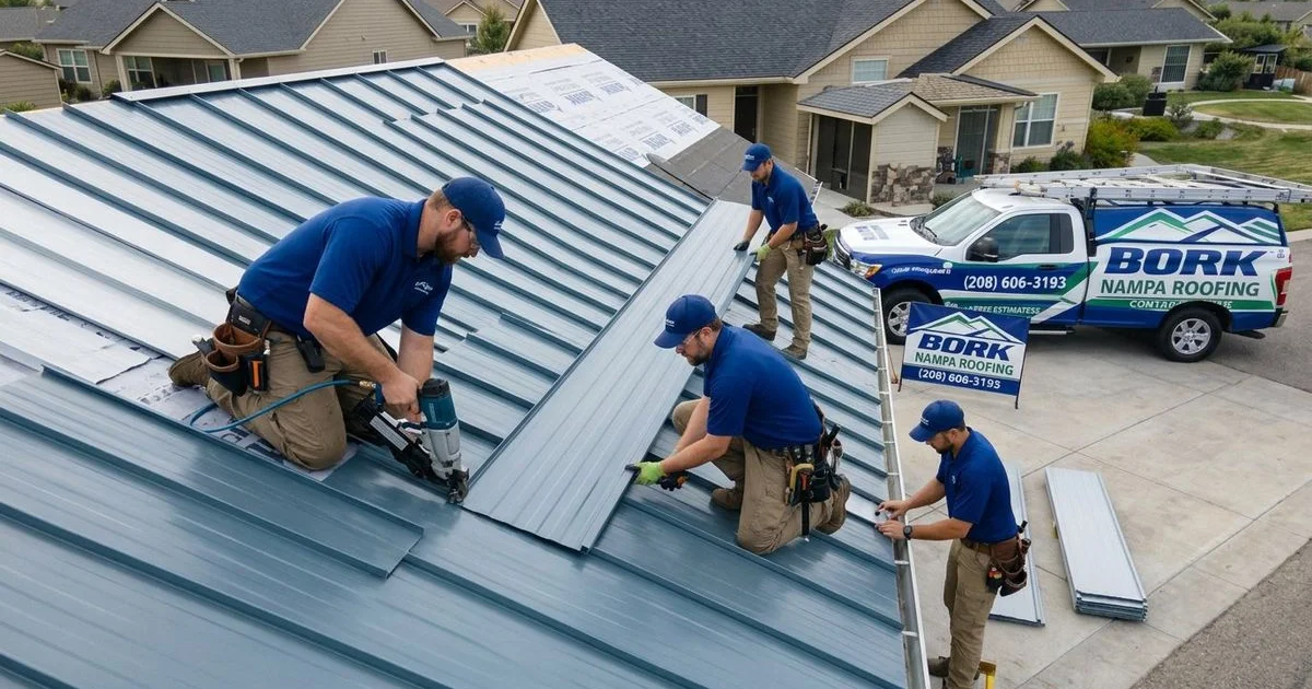 Standing seam metal roof installation on residential home in Nampa Idaho neighborhood showing modern clean aesthetic and professional craftsmanship