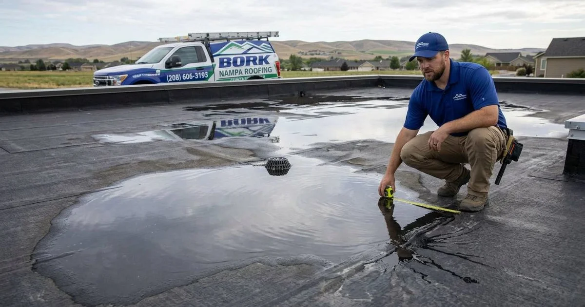 Ponding water on a flat commercial roof surface in Idaho