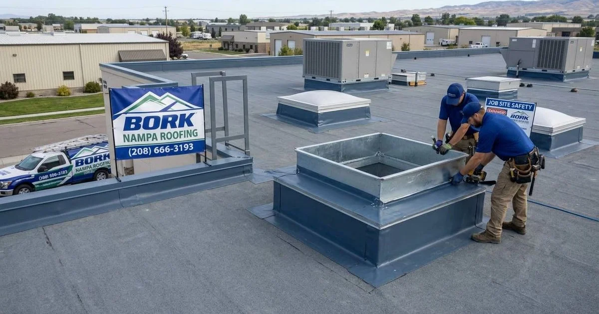 Well-maintained commercial building in Nampa Idaho business district with clean flat roof and properly sealed mechanical equipment curbs