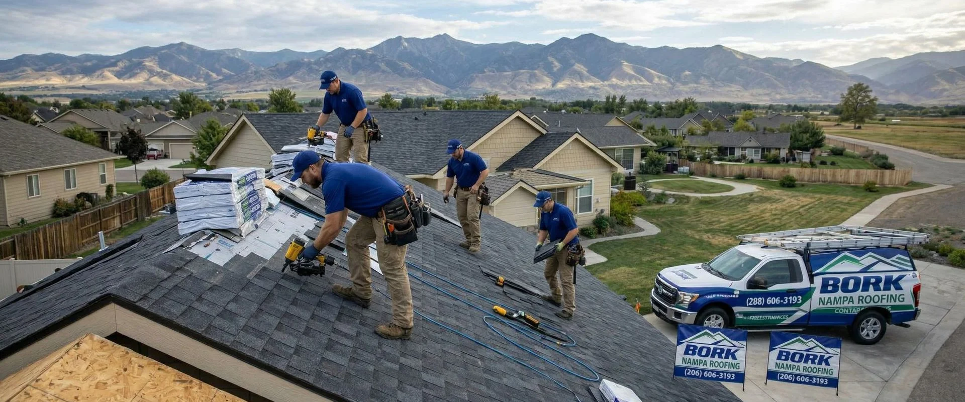 Professional roofing crew installing architectural asphalt shingles on a residential home in Nampa, Idaho