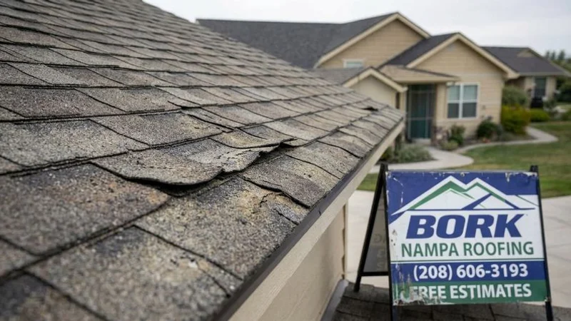 Close-up view of curling and buckling asphalt shingles on a residential roof showing advanced weathering and loss of granule surface