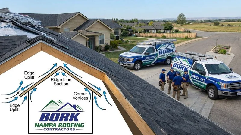 Diagram showing how wind creates uplift pressure along roof edges corners and ridge line causing progressive shingle tab lifting and seal failure