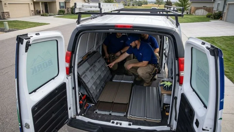Comparison of different roofing material samples including asphalt shingles and standing seam metal panels laid out on a work table for homeowner review