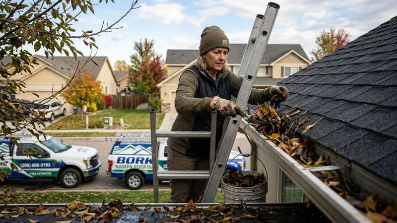 Homeowner cleaning gutters on Idaho residential home to prevent water backup and ice dam formation with autumn leaves visible in gutter trough