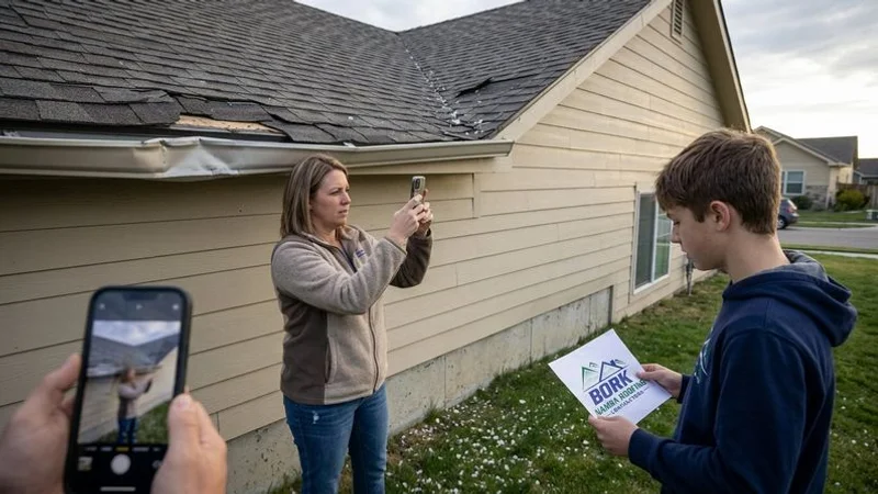 Idaho homeowner documenting roof damage with smartphone photos showing cracked shingles and dented gutters for insurance claim evidence purposes