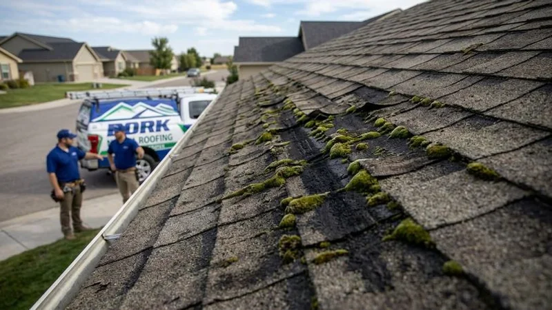 Residential roof in Idaho showing dark algae streaks and patches of green moss growth between asphalt shingles indicating moisture retention issues