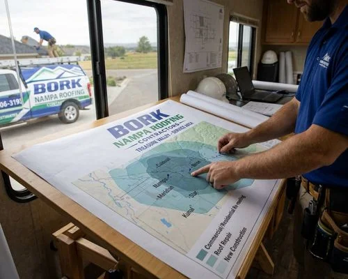 Bork Nampa Roofing Contractors service area map covering the Treasure Valley, Idaho