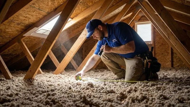 Professional roofer inspecting attic insulation and ventilation on Idaho residential home to ensure proper thermal protection and moisture management