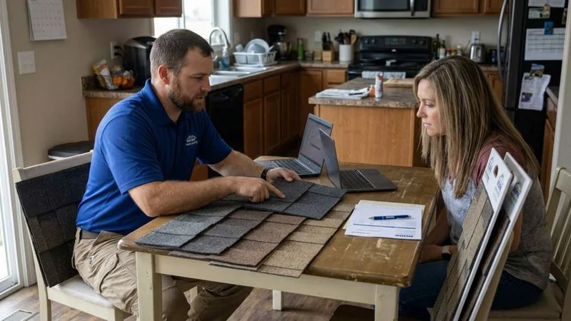 Roofing contractor showing material samples and color options to homeowner at kitchen table with estimate paperwork and laptop for color visualization
