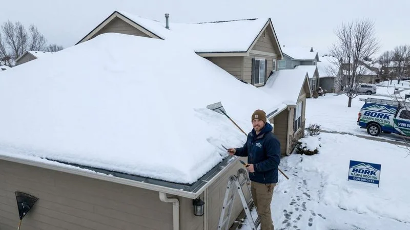 Snow covered residential roof in Idaho winter with clear gutters and no ice dam formation demonstrating proper winter roof maintenance practices